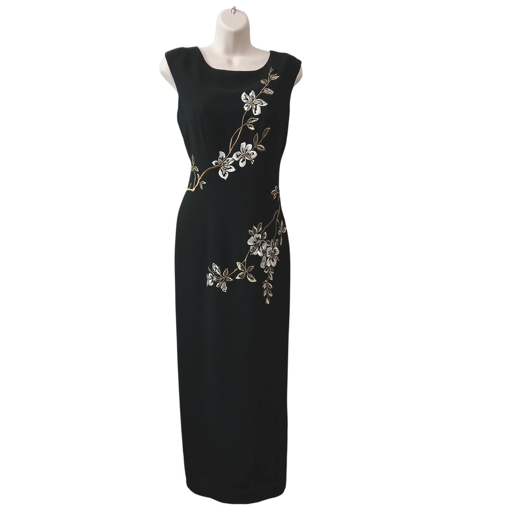 Vintage 90s Y2K Maggy London Asian Inspired Embroidered‎ Maxi Sheath Dress Sz 6
